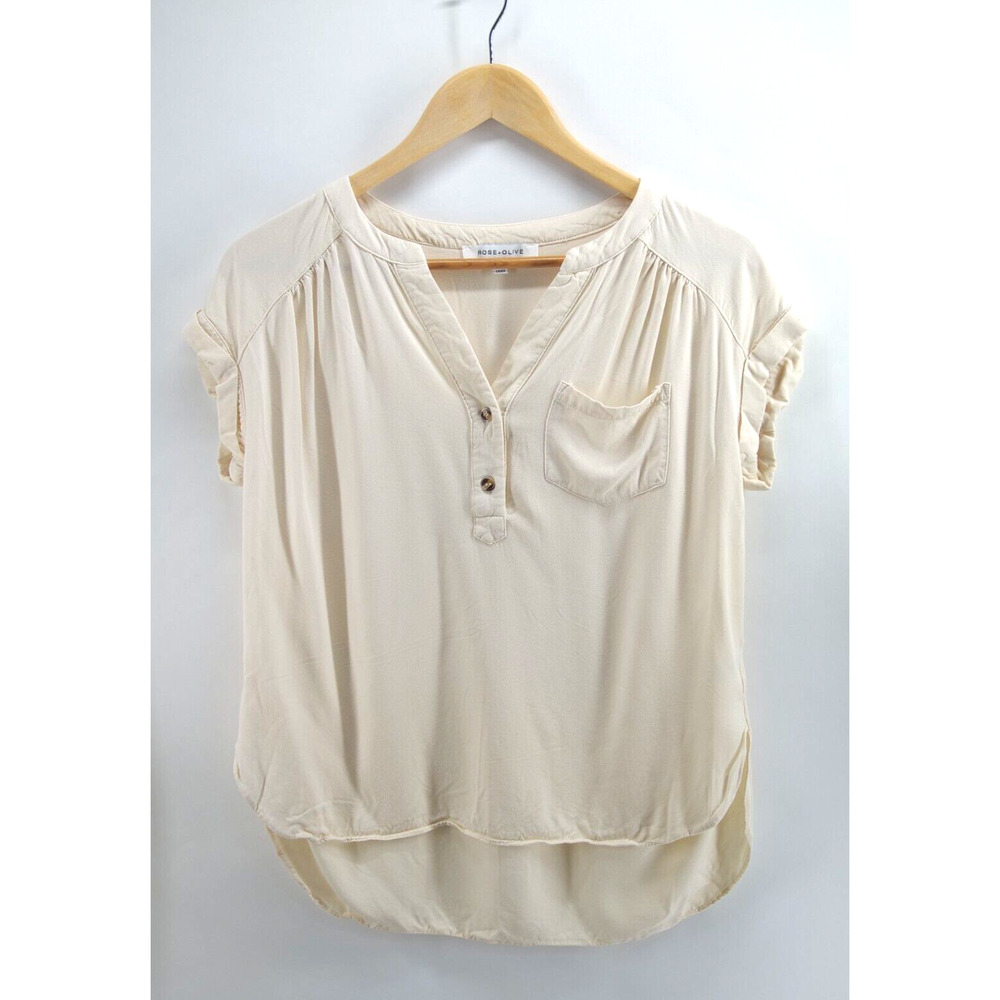 Rose + Olive Top Womens S‎ Blouse Beige V-Neck Button Short Sleeve